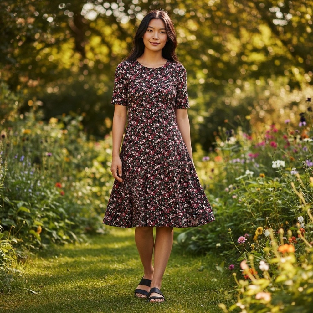 H&M Women Black Red Floral Rose Fit & Flare Short Sleeve Knee Length Dress Sz 10